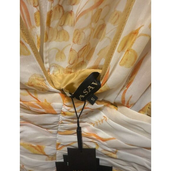 MASAVI Leafs Pleated Short Mini Dress In Mustard Cocktail Party Dress Size S NWT - Picture 7 of 7